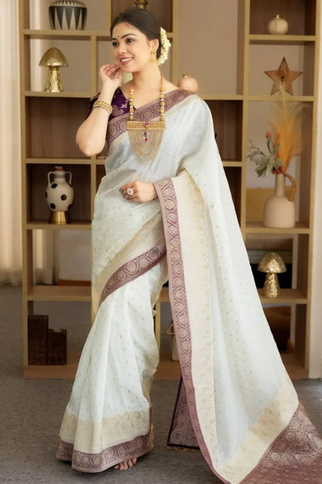 Girlish Beige Soft Silk Saree With Outstanding Blouse Piece - Image 5