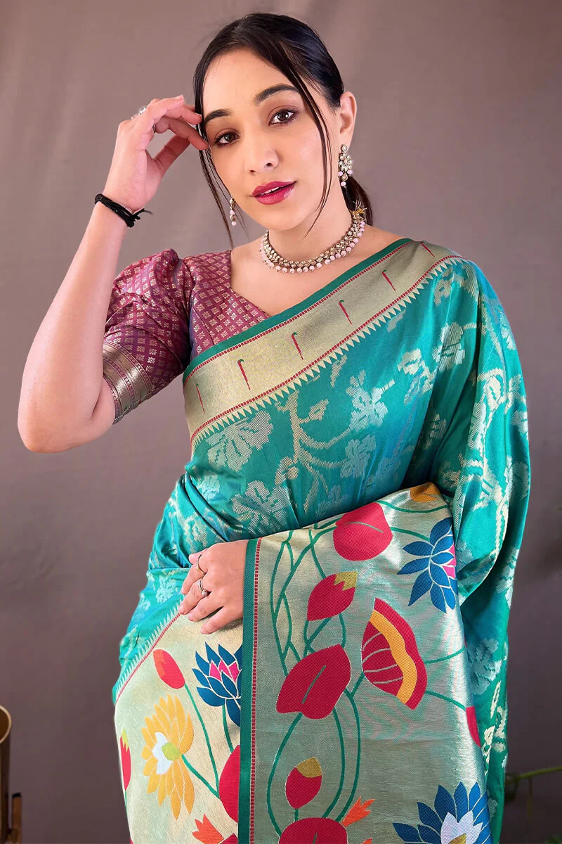 Girlish Rama Paithani Silk Saree With Surpassing Blouse Piece - Image 2
