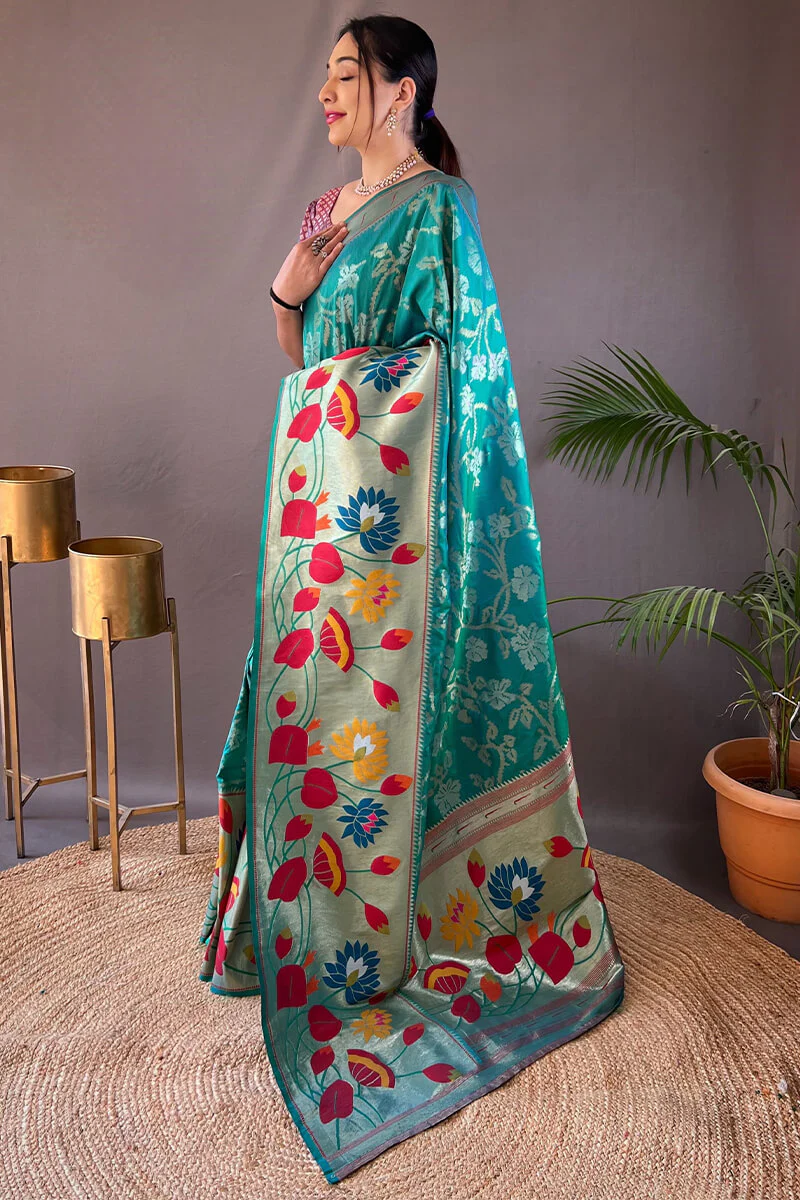 Girlish Rama Paithani Silk Saree With Surpassing Blouse Piece - Image 3