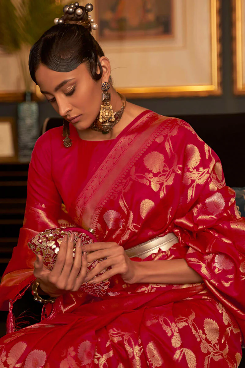 Girlish Red Soft Banarasi Silk Saree With Dazzling Blouse Piece - Image 2