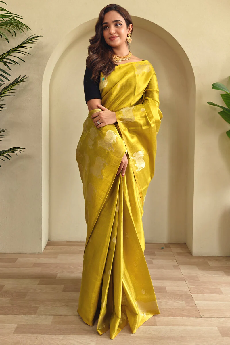 Girlish Yellow Soft Banarasi Tissue Silk Saree With Bewitching Blouse Piece - Image 3