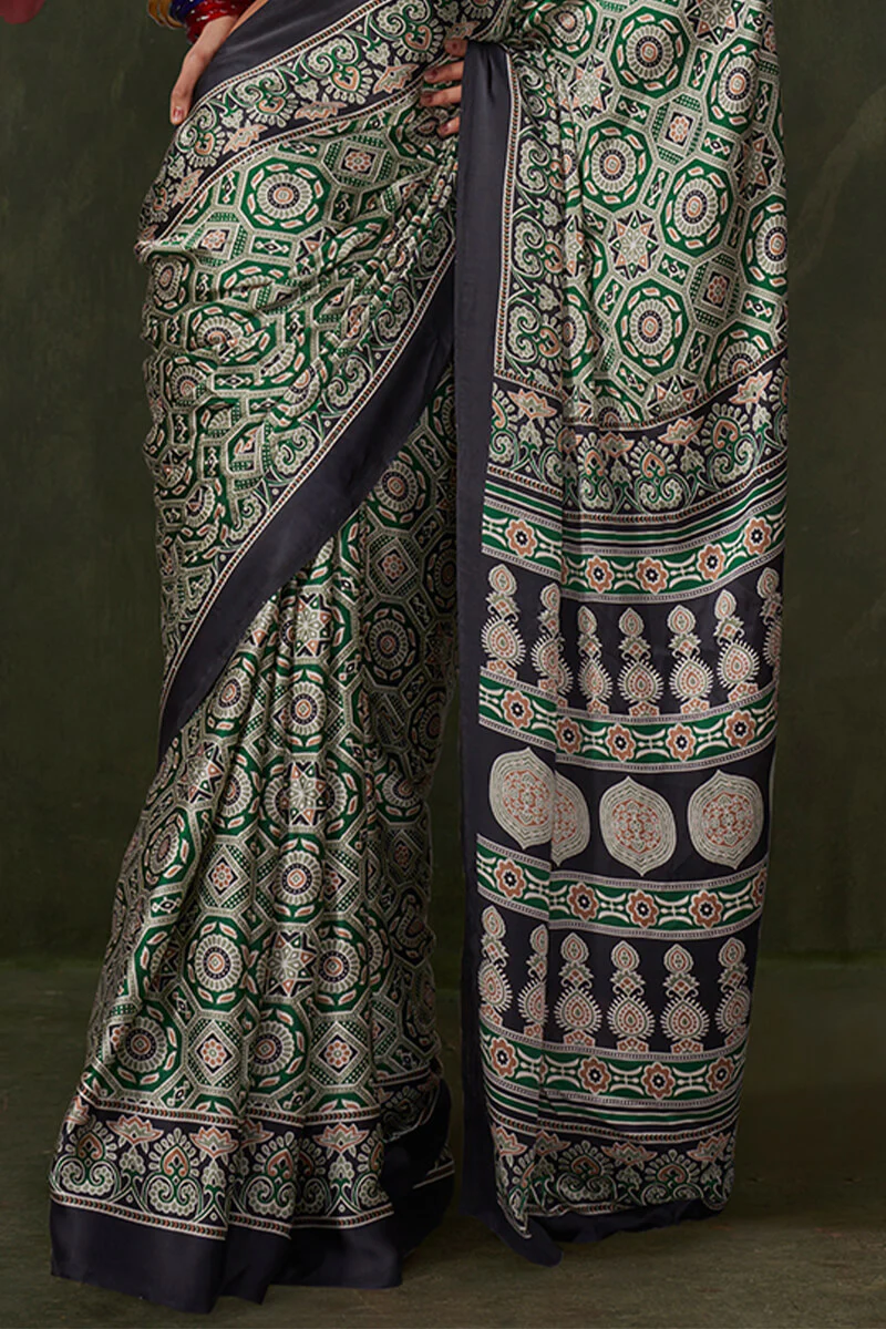 Glamorous Green Ajrakh Printed Satin Silk Saree With Cynosure Blouse Piece - Image 3
