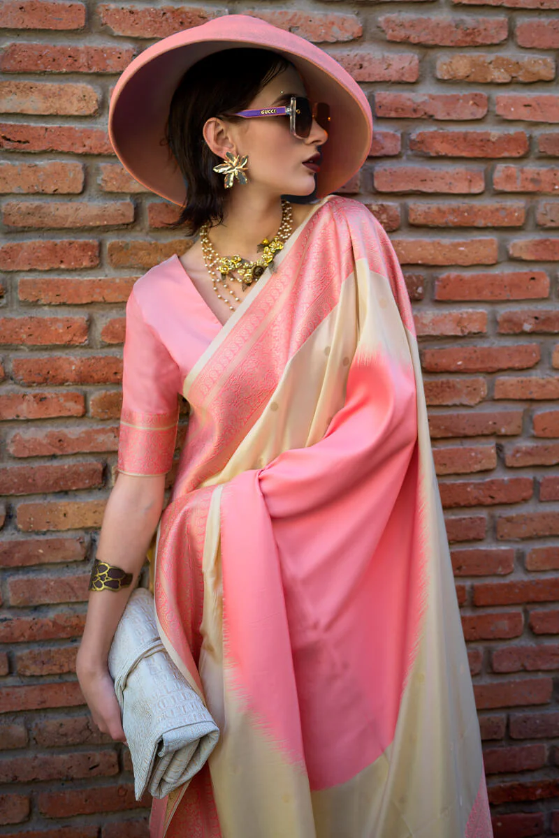 Gleaming Beige and Pink Soft Banarasi Silk Saree With Phenomenal Blouse Piece - Image 2