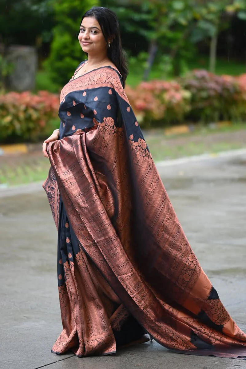 Gleaming Black Soft Silk Saree With Invaluable Blouse Piece - Image 2