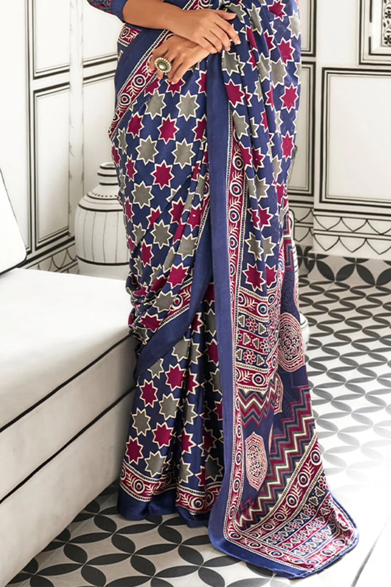 Gleaming Blue Digital Printed Satin Silk Saree With Deserving Blouse Piece - Image 3