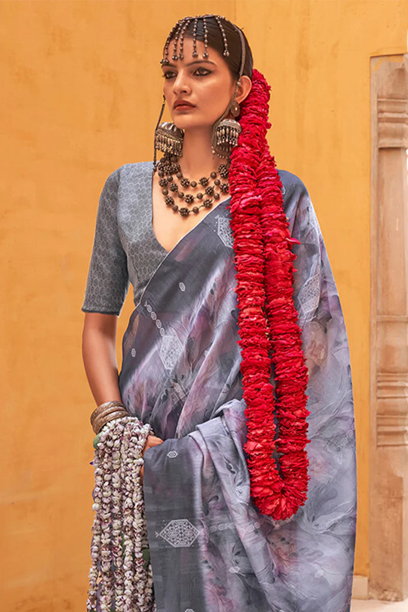 Gleaming Grey Digital Printed Cotton Silk Saree With Delightful Blouse Piece - Image 2