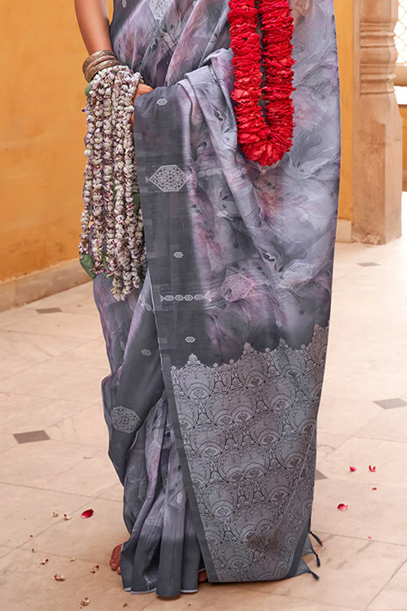 Gleaming Grey Digital Printed Cotton Silk Saree With Delightful Blouse Piece - Image 3
