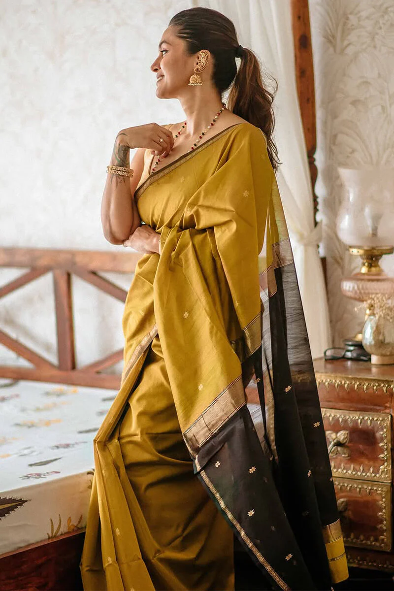 Gleaming Mustard Cotton Silk Saree With Classy Blouse Piece - Image 5