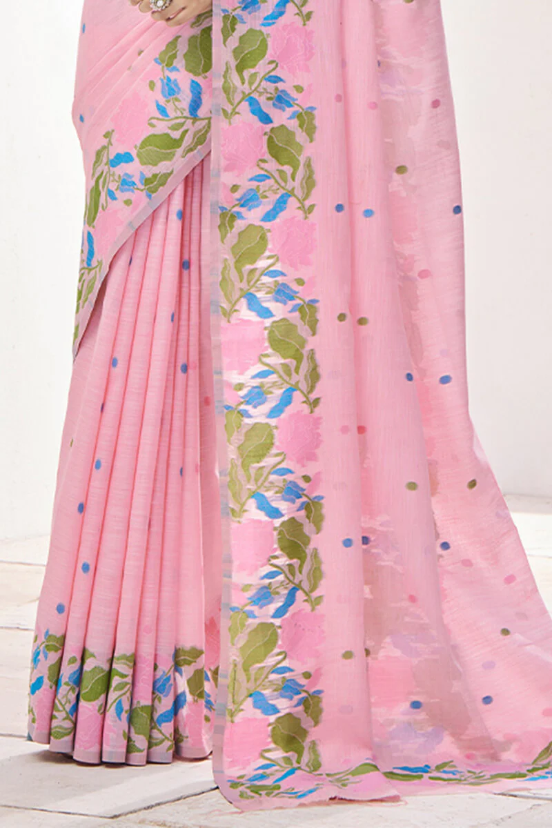 Gleaming Pink Cotton Silk Saree With Flattering Blouse Piece - Image 3
