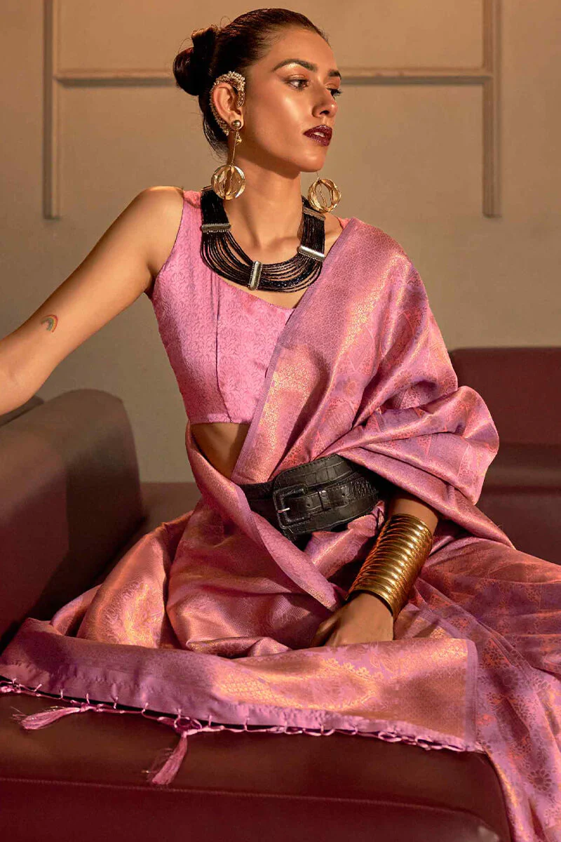 Gleaming Pink Kanjivaram Silk Saree With Energetic Blouse Piece - Image 2