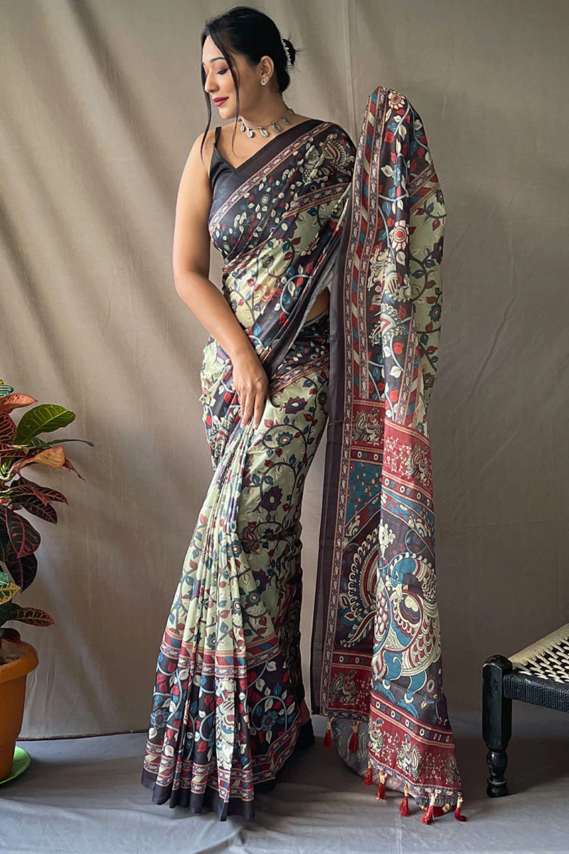 Gleaming Pista Kalamkari Printed Saree With Elegant Blouse Piece - Image 2