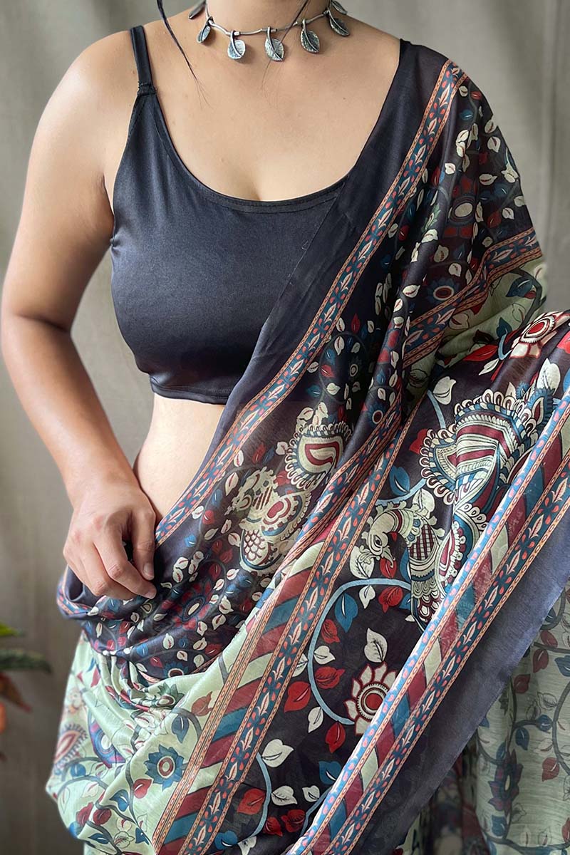 Gleaming Pista Kalamkari Printed Saree With Elegant Blouse Piece - Image 3