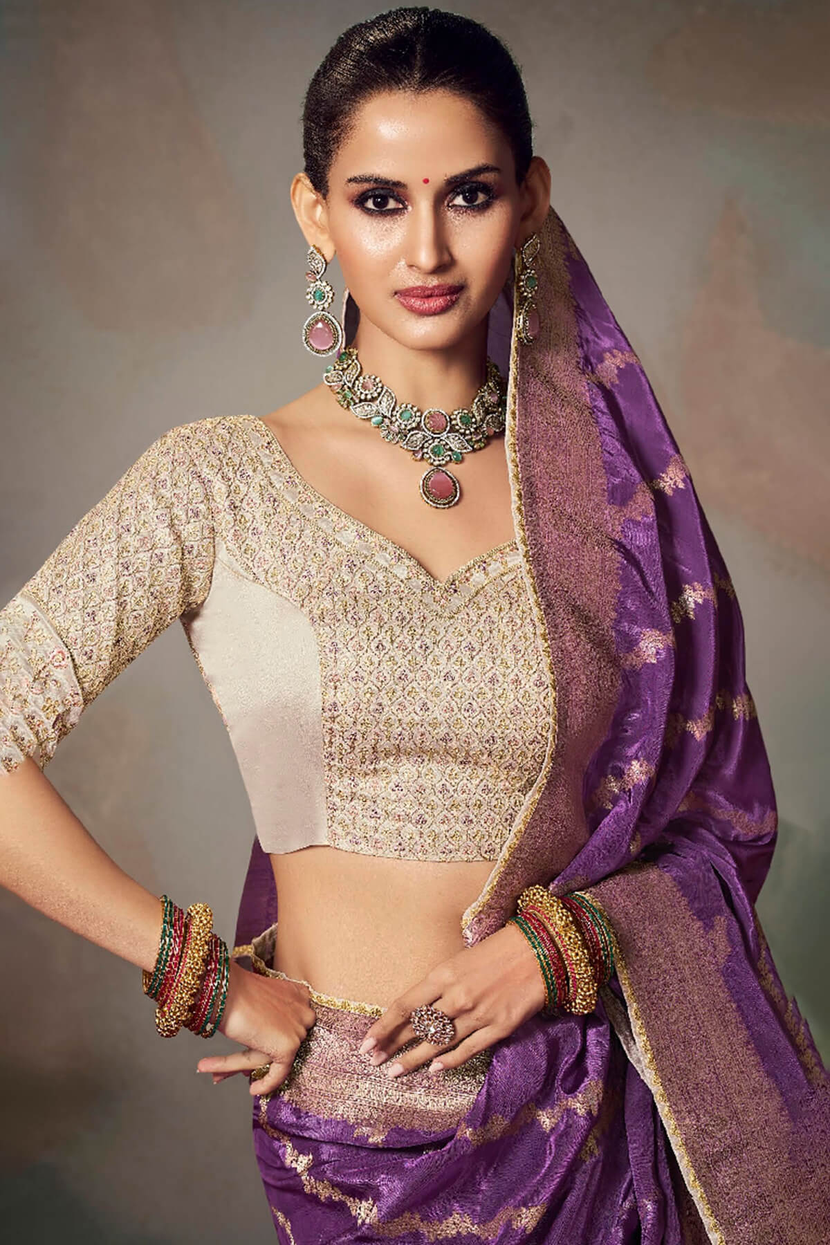 Gleaming Purple Banarasi Silk Saree With Embroidery Blouse Piece - Image 2
