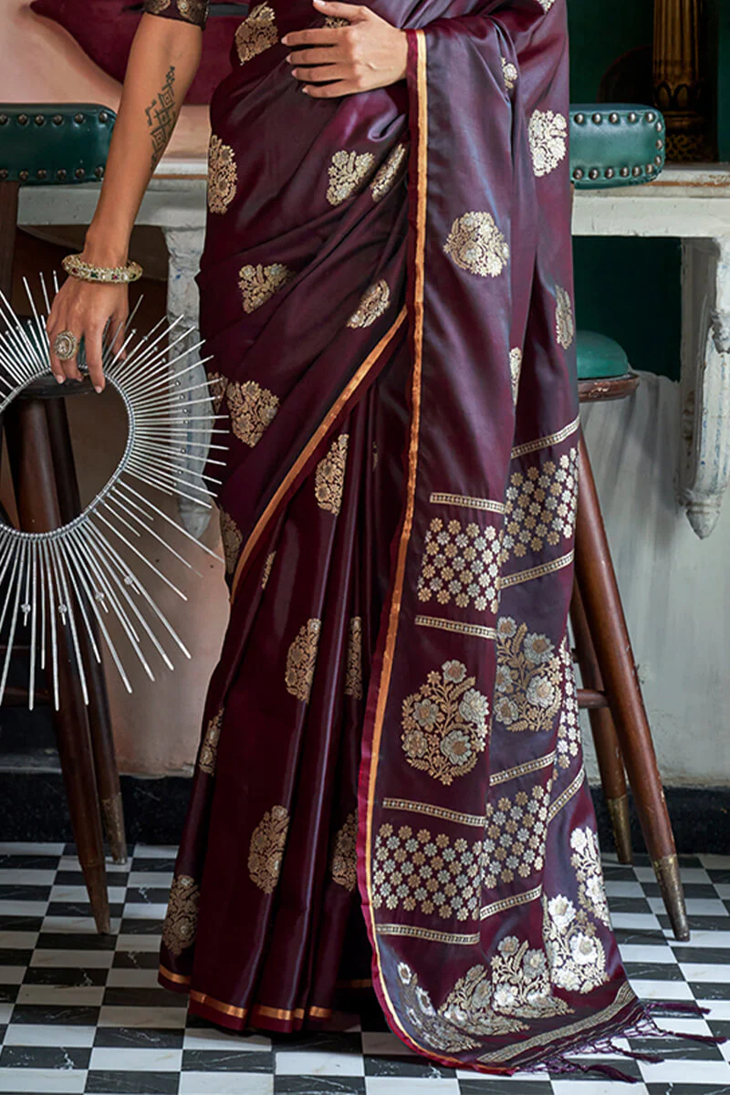 Gleaming Wine Banarasi Satin Silk Saree With Gorgeous Blouse - Image 3