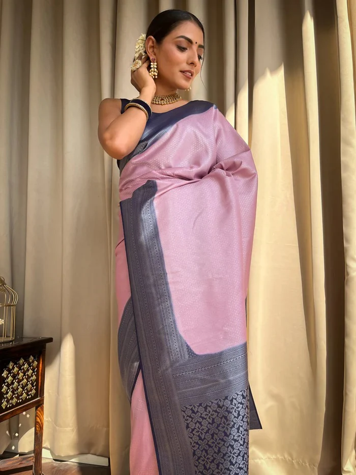 Glittering Baby Pink Soft Silk Saree With Allure Blouse Piece - Image 3