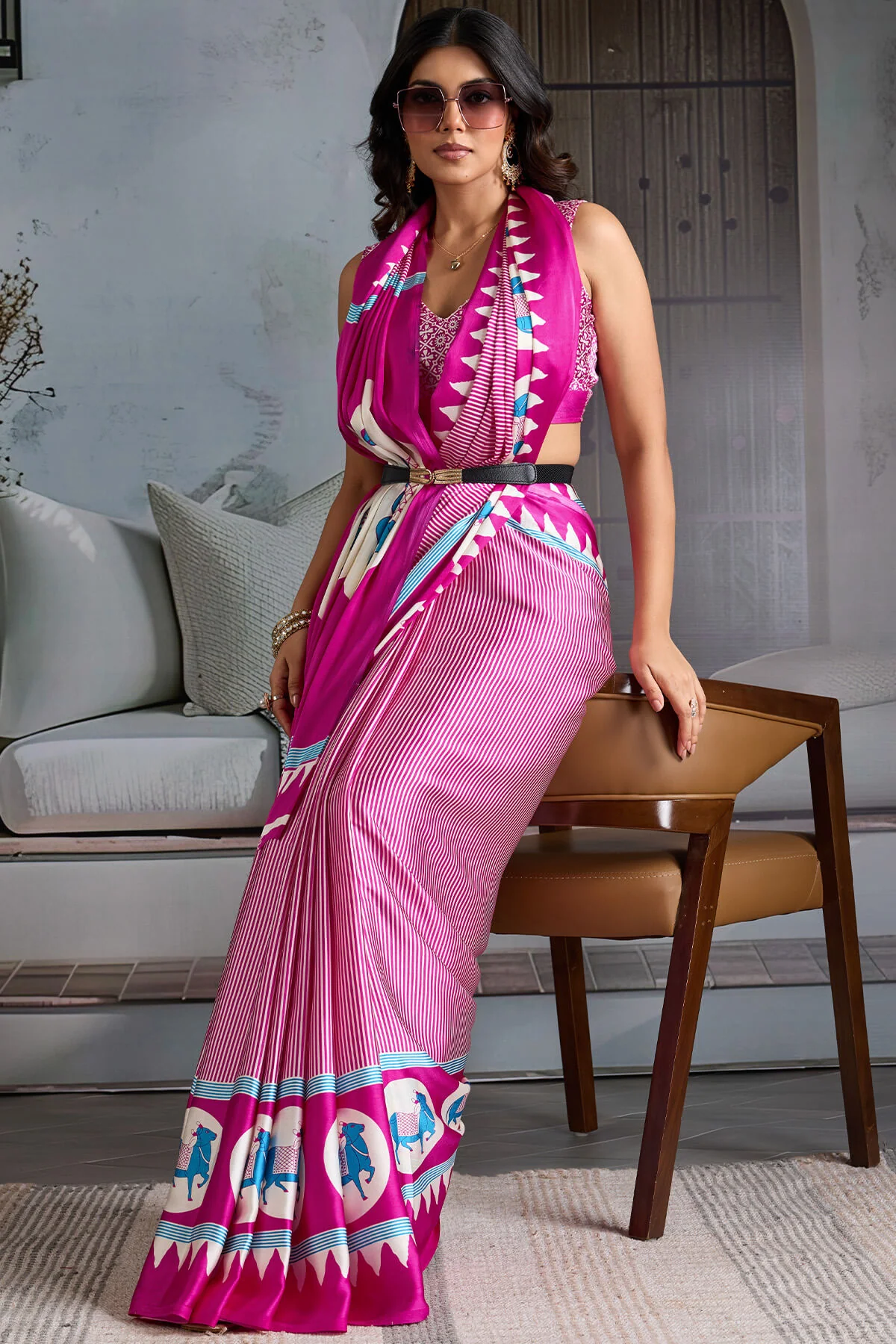 Glittering Dark Pink Ajrakh Printed Satin Silk Saree With Pretty Blouse Piece - Image 5