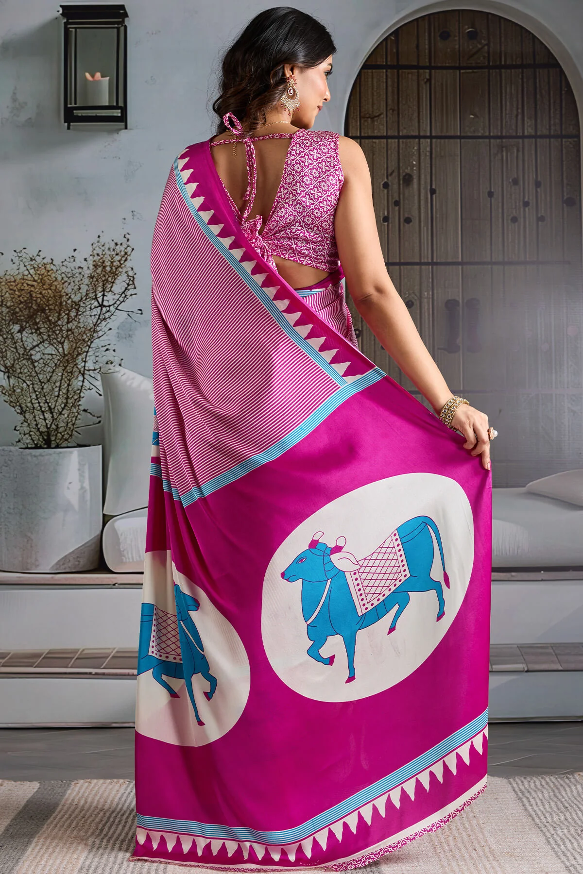 Glittering Dark Pink Ajrakh Printed Satin Silk Saree With Pretty Blouse Piece - Image 6