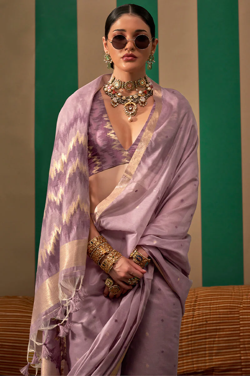 Glittering Lavender Cotton Silk Saree With Radiant Blouse Piece - Image 2