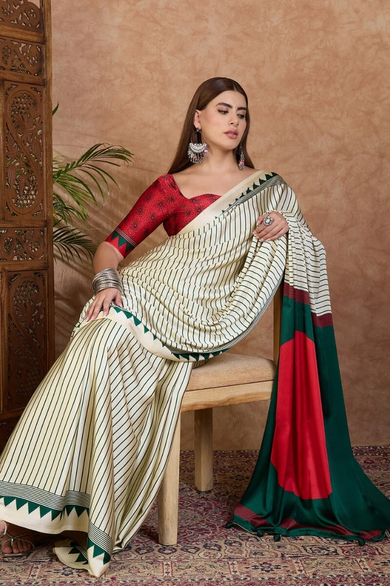 Glittering Off White Ajrakh Printed Semi Modal Silk Saree With Quixotic Blouse Piece - Image 4