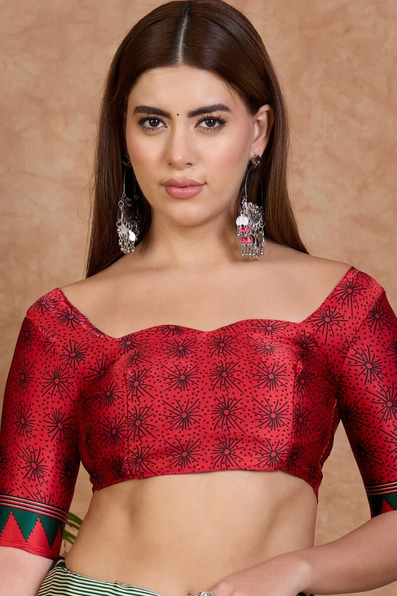 Glittering Off White Ajrakh Printed Semi Modal Silk Saree With Quixotic Blouse Piece - Image 6