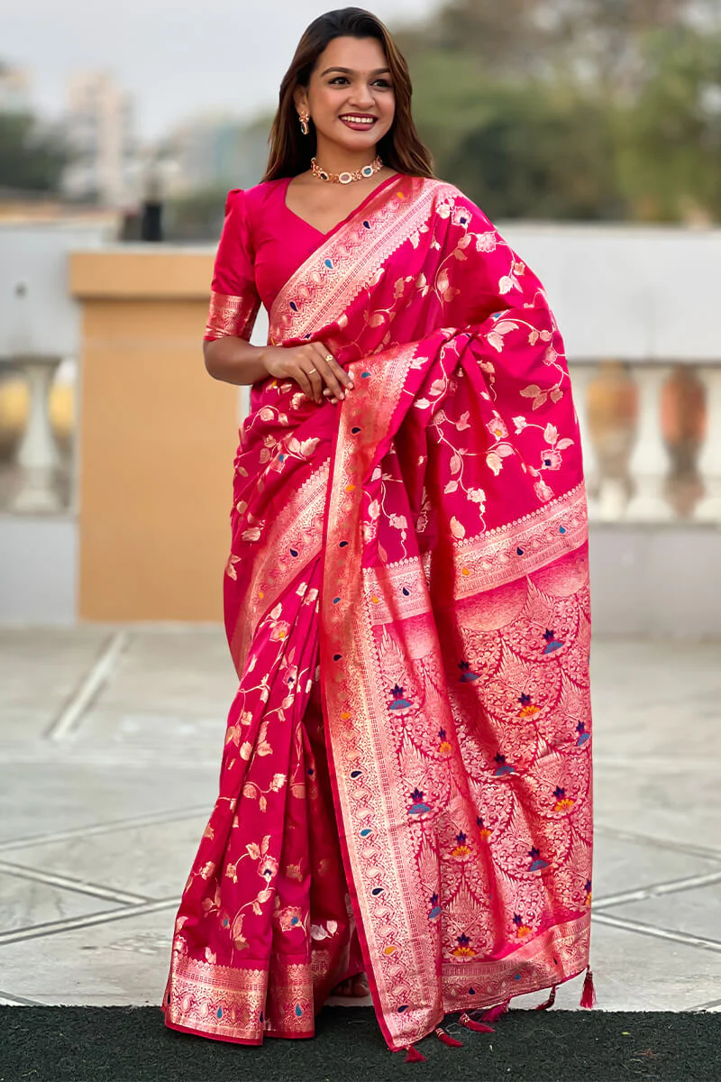 Glorious Dark Pink Soft Banarasi Silk Saree With Classic Blouse Piece - Image 6
