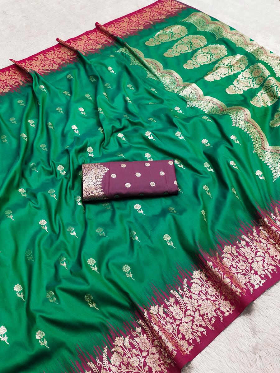 Glorious Green Pure Zari Weaving Banarasi Silk Saree With Glamorous Blouse Piece - Image 2