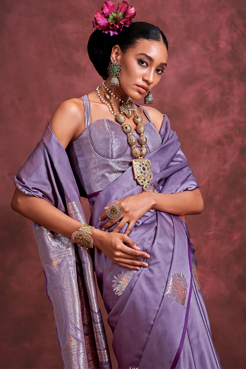 Glorious Lavender Banarasi Satin Silk Saree With Ratatouille Blouse - Image 2