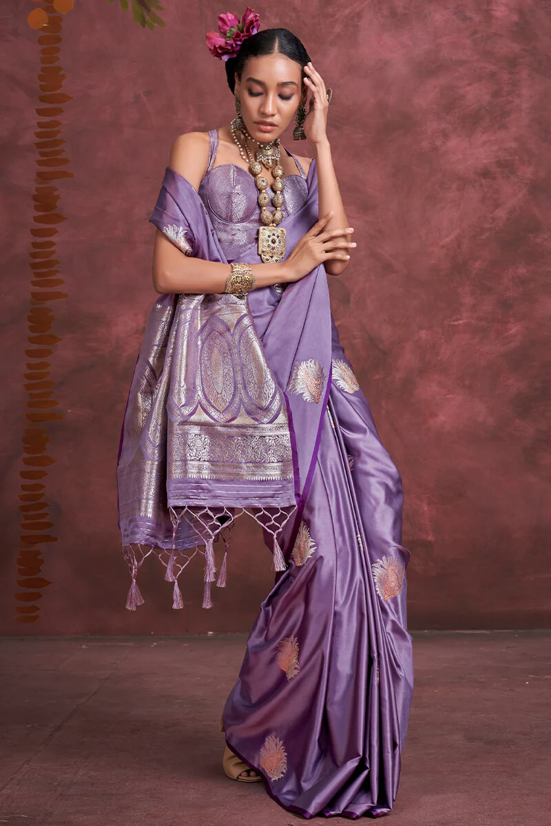 Glorious Lavender Banarasi Satin Silk Saree With Ratatouille Blouse - Image 3