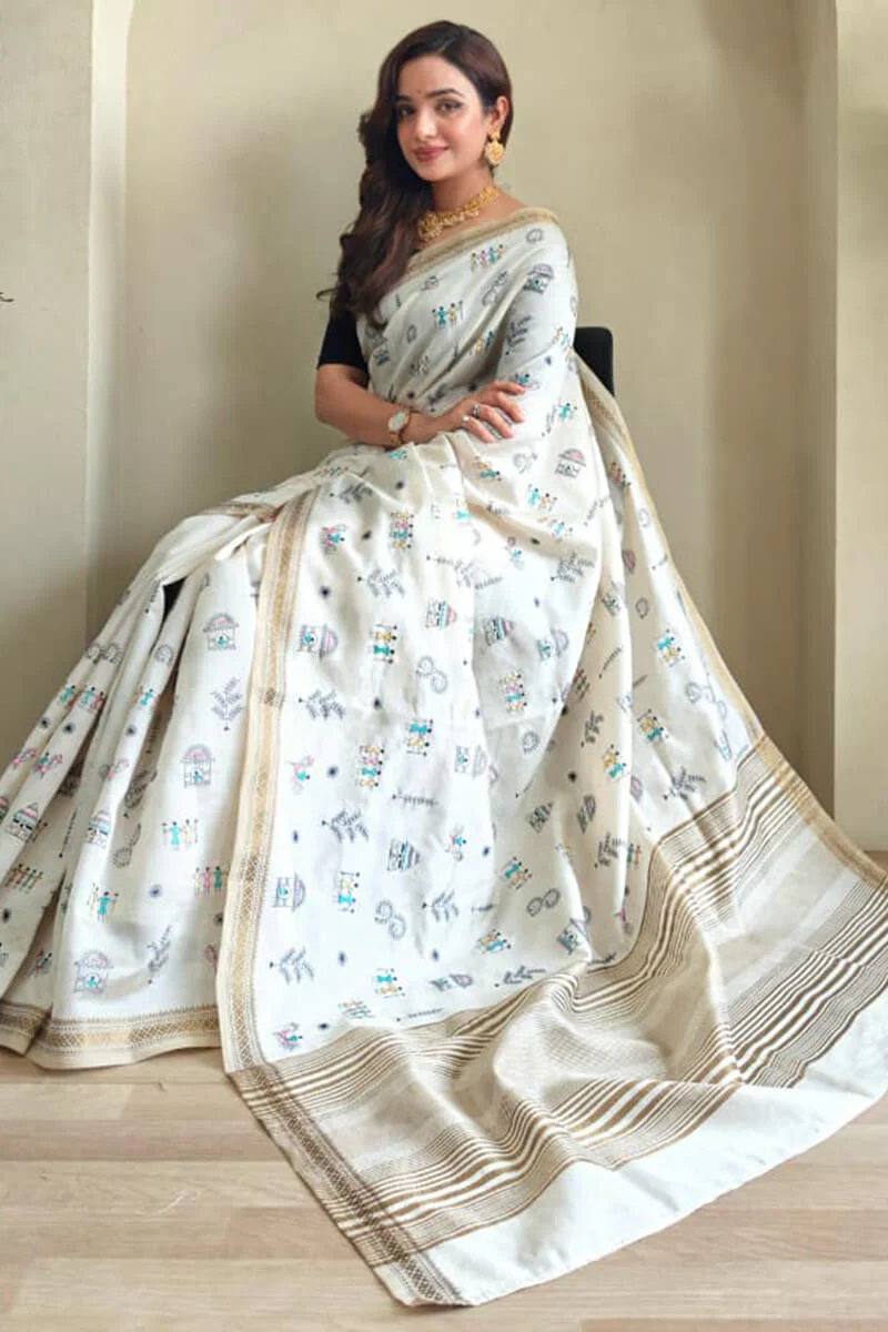 Glorious Off White Embroidery Work Tussar Silk Saree With Inspiring Blouse Piece - Image 4