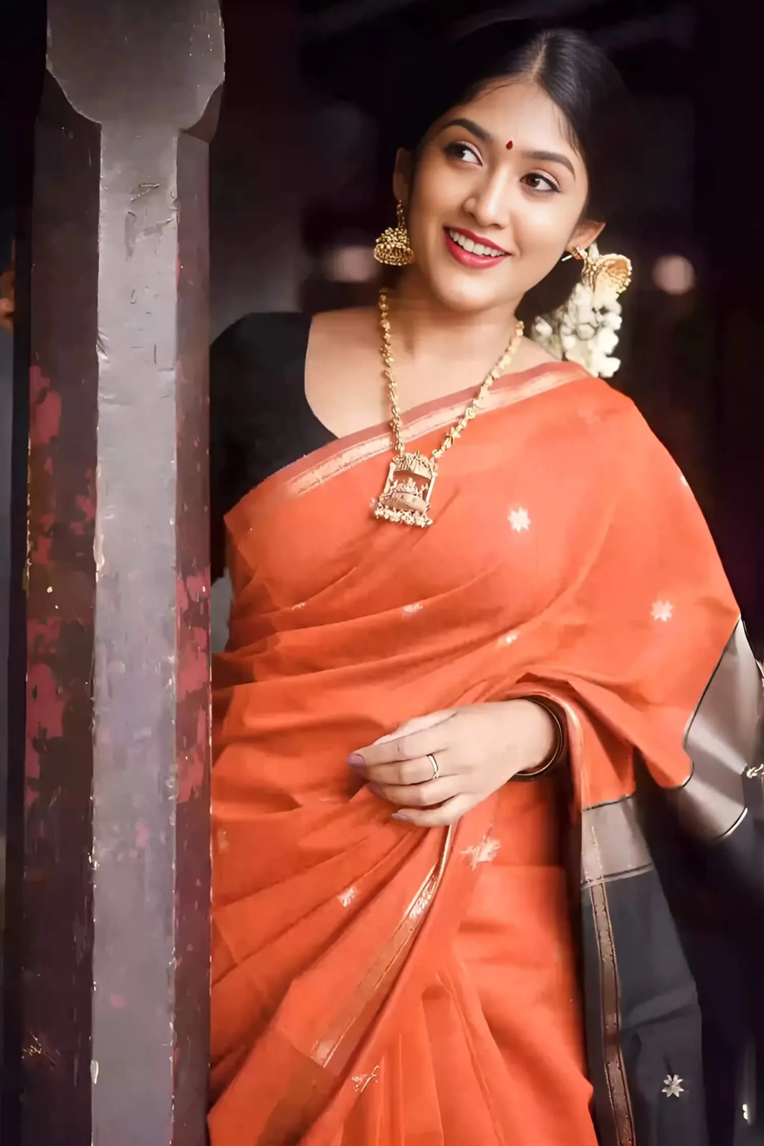 Glorious Orange Cotton Silk Saree With Entrancing Blouse Piece - Image 6