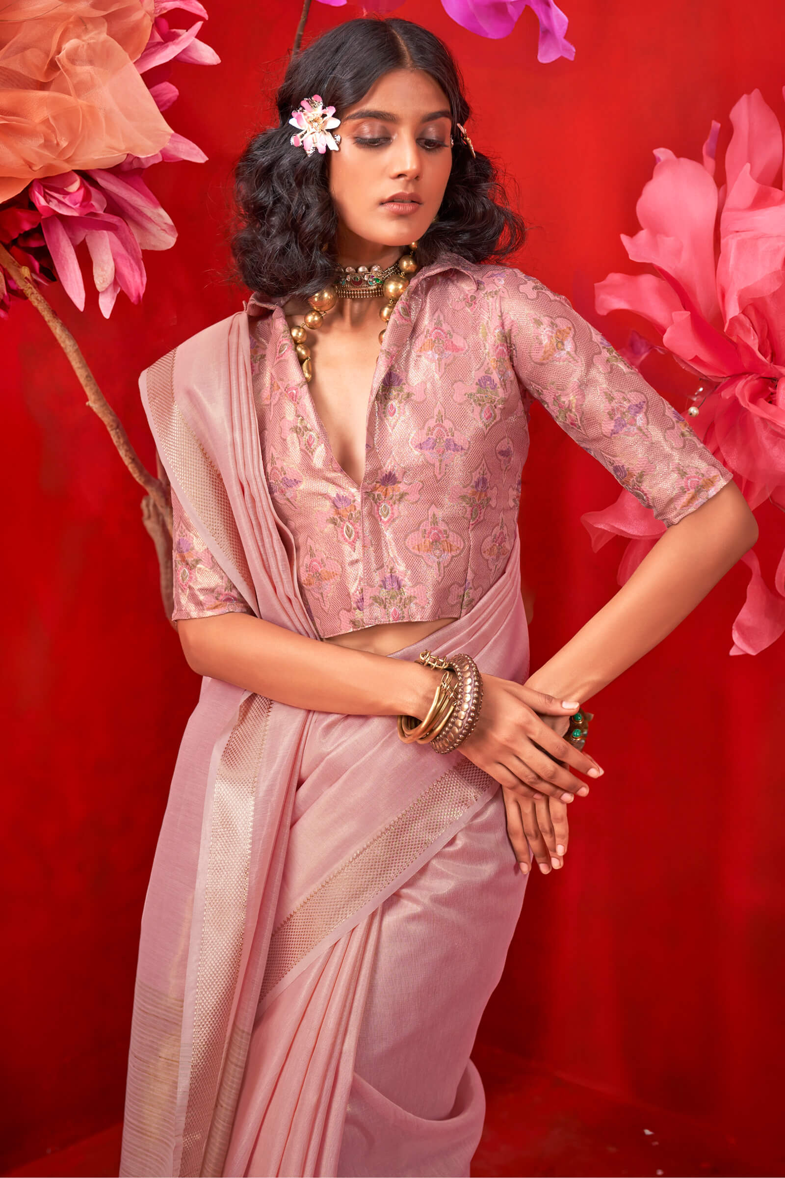 Glorious Pink Soft Banarasi Tissue Silk Saree With Nemesis Blouse Piece - Image 2