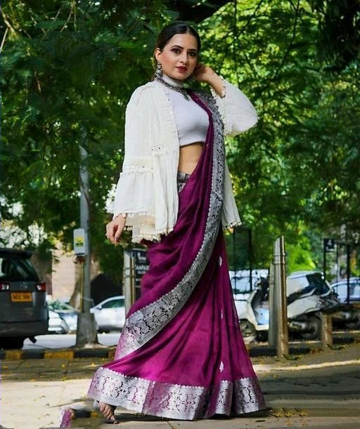 Glorious Purple Soft Banarasi Silk Saree With Glowing Blouse Piece - Image 4