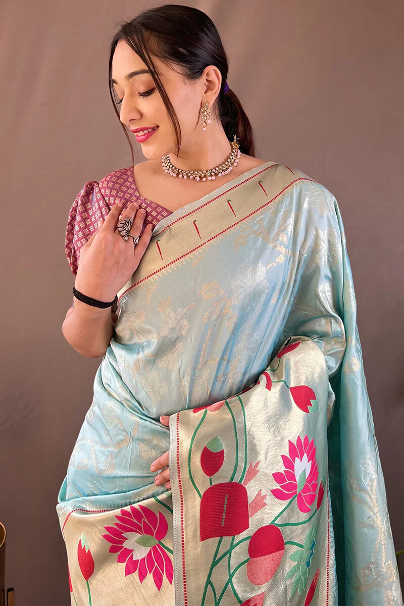 Glorious Sky Paithani Silk Saree With Fairytale Blouse Piece - Image 2
