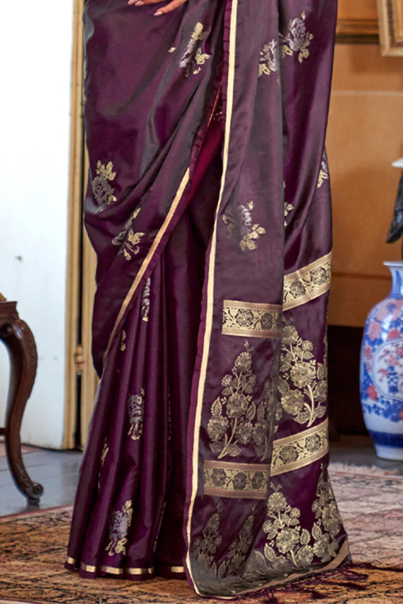 Glorious Wine Banarasi Satin Silk Saree With Pleasant Blouse - Image 3