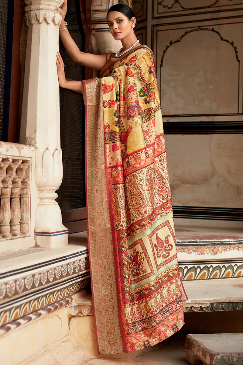 Glorious Yellow Digital Printed Dola Silk Saree With Captivating Blouse Piece - Image 3