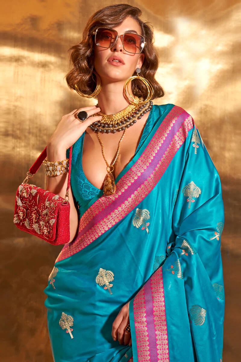 Glowing Firozi Soft Banarasi Silk Saree With Eye-catching Blouse - Image 2