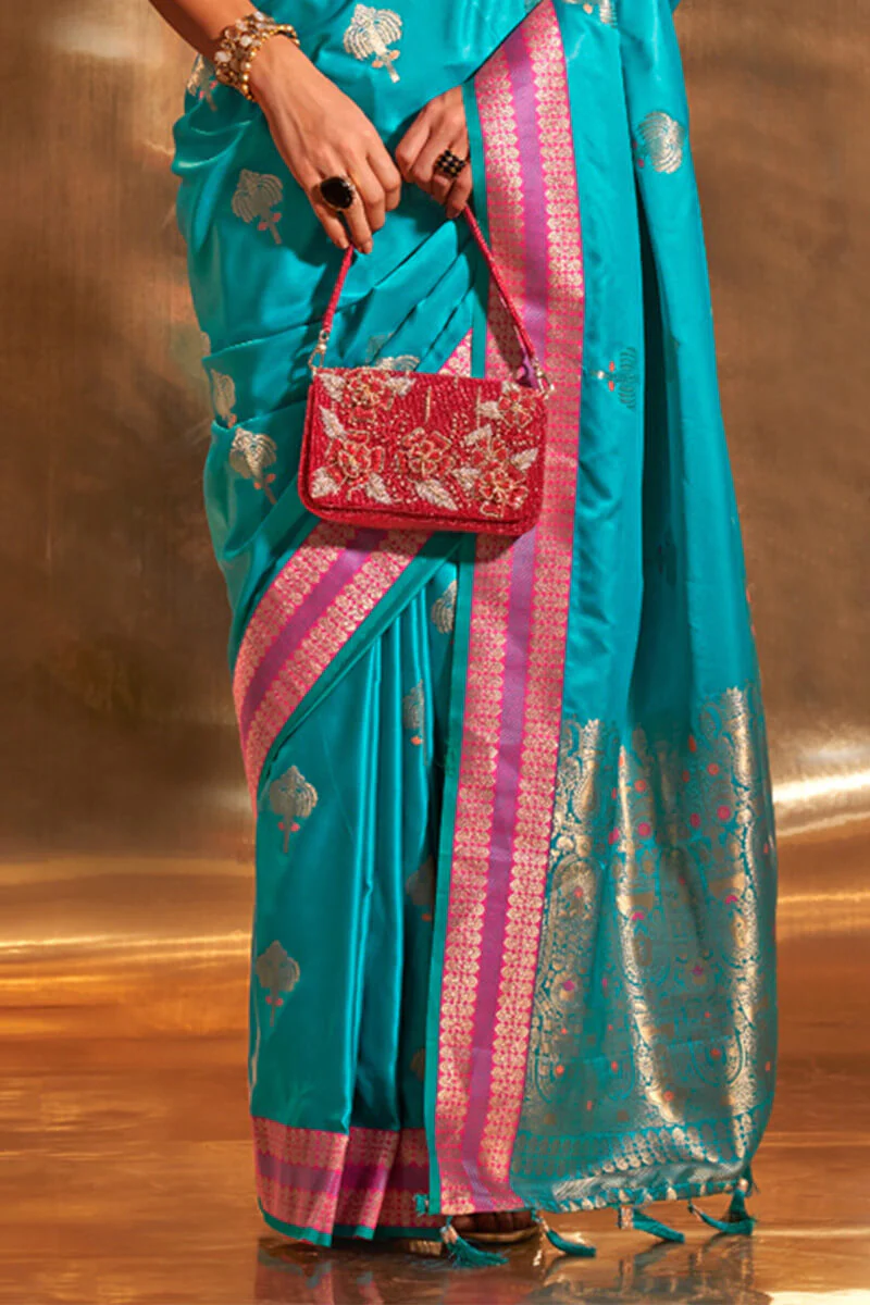 Glowing Firozi Soft Banarasi Silk Saree With Eye-catching Blouse - Image 3
