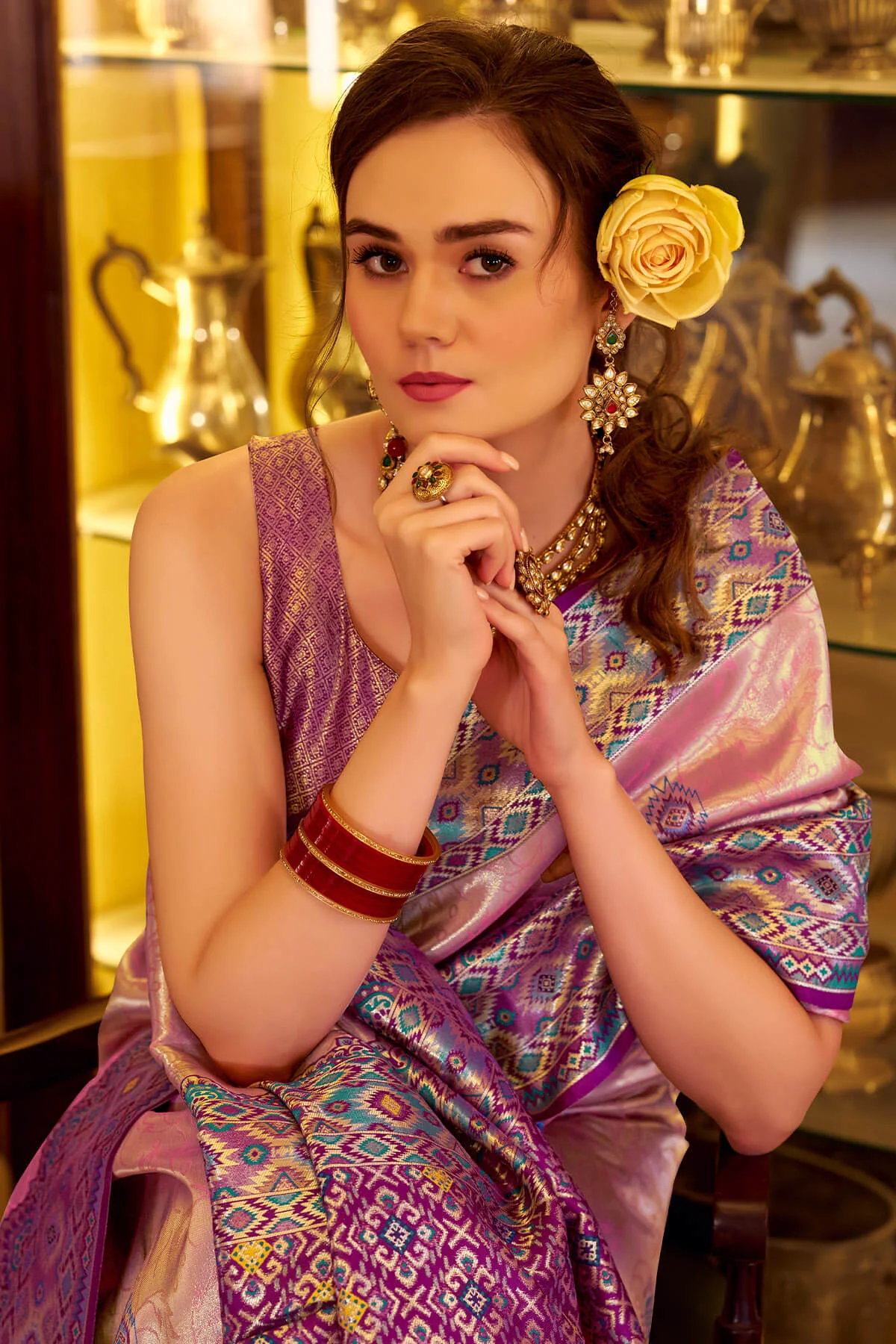 Glowing Pink Tissue Patola Silk Saree with Ephemeral Blouse Piece - Image 2