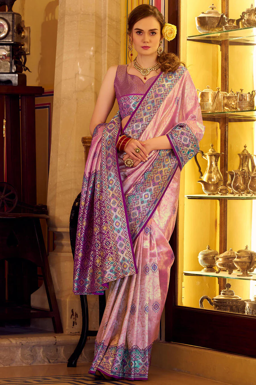 Glowing Pink Tissue Patola Silk Saree with Ephemeral Blouse Piece - Image 3