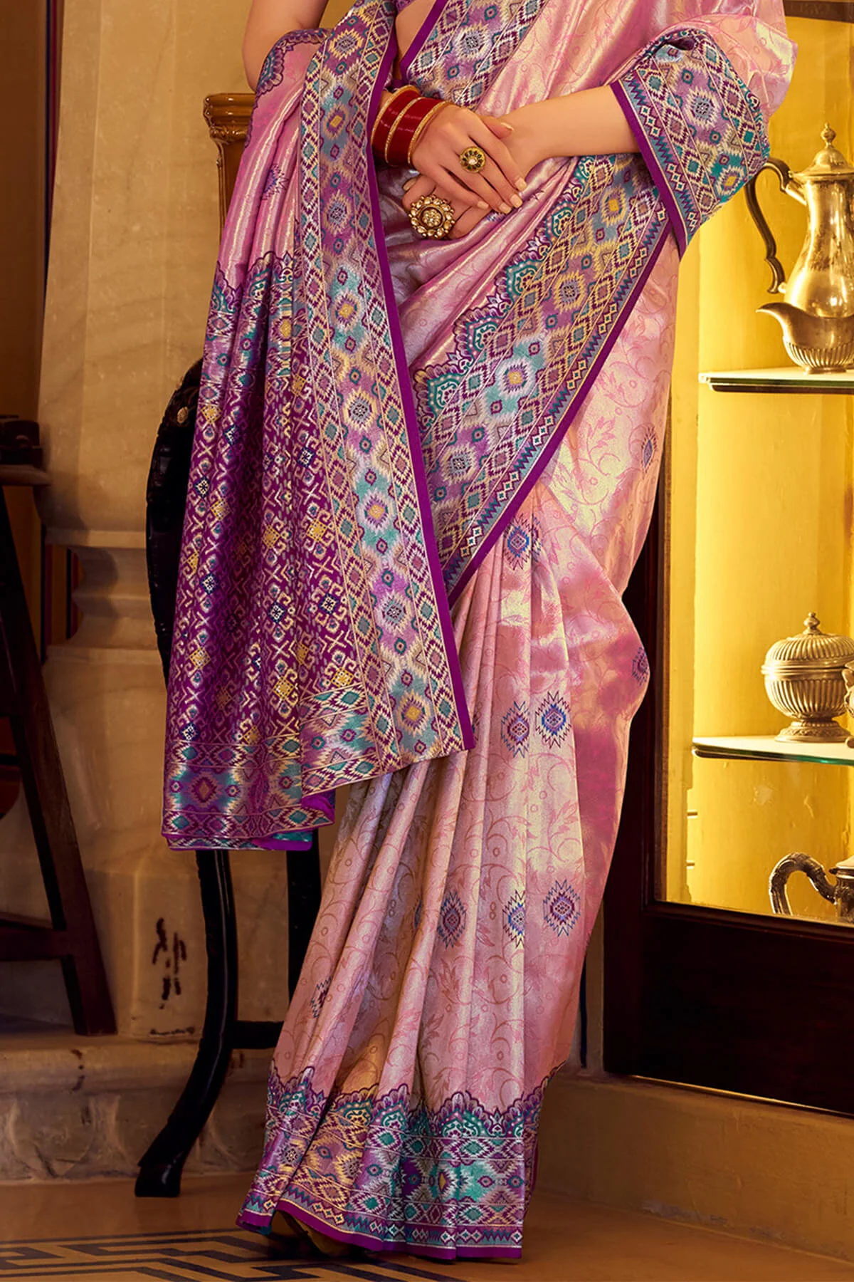 Glowing Pink Tissue Patola Silk Saree with Ephemeral Blouse Piece - Image 4
