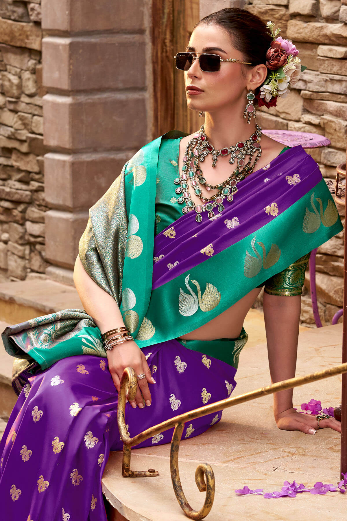 Glowing Purple Banarasi Satin Silk Saree With Glittering Blouse - Image 2