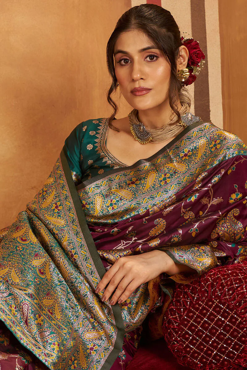 Glowing Purple Pure Zari Weaving Banarasi Silk Saree With Designer Blouse Piece - Image 2