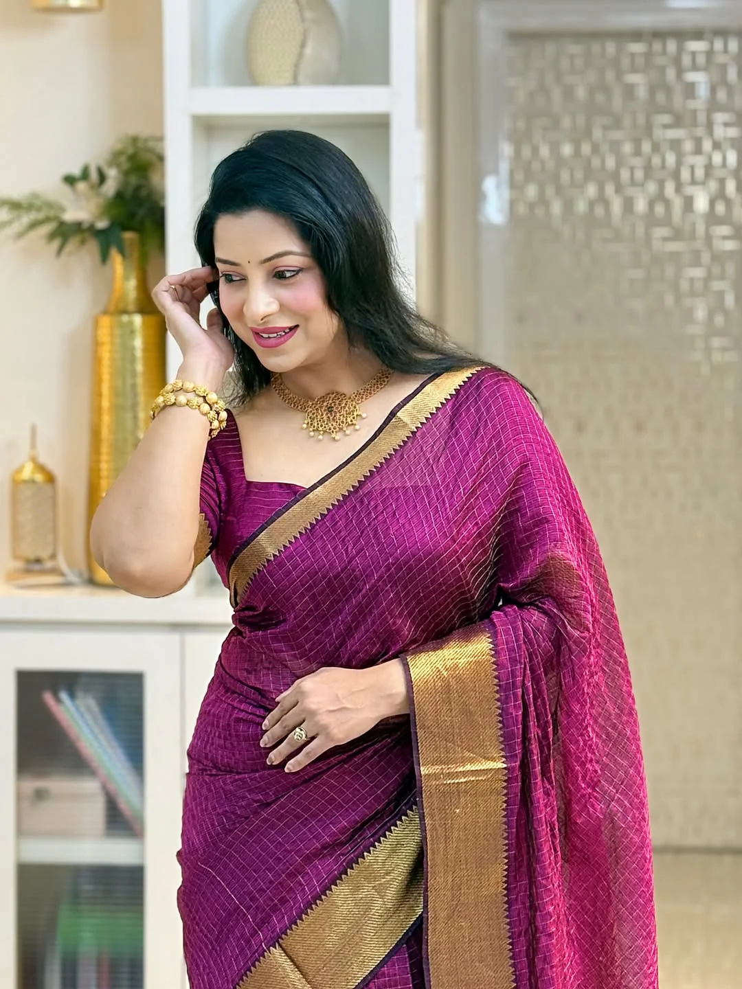 Glowing Purple Soft Silk Saree With Embellished Blouse Piece - Image 4