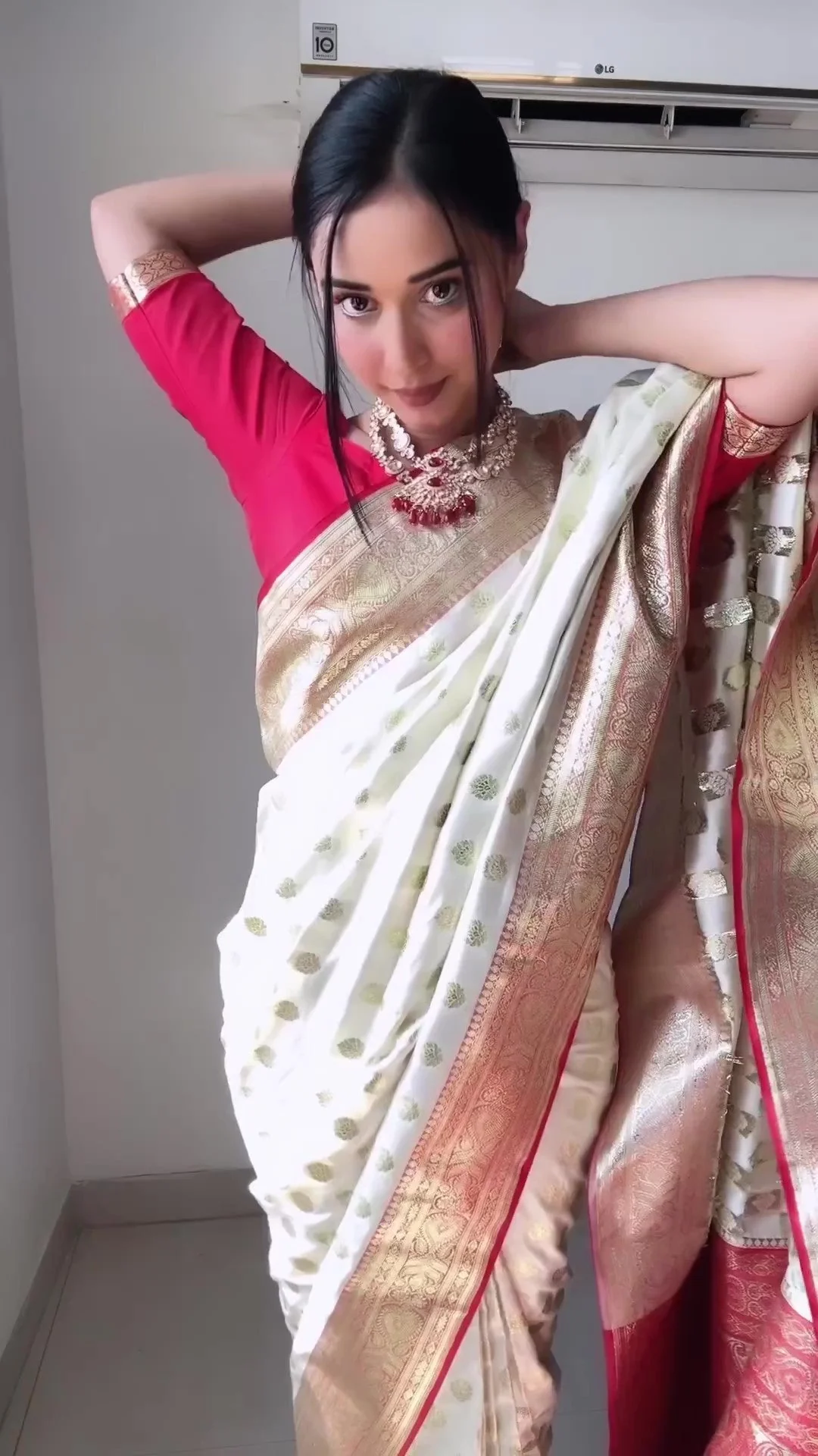 Gorgeous 1-Minute Ready To Wear Beige Soft Silk Saree - Image 2