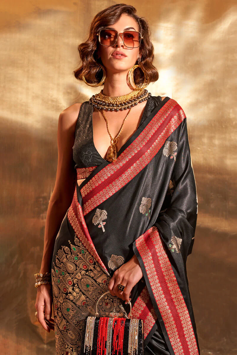Gorgeous Black Soft Banarasi Silk Saree With Stylish Blouse - Image 2
