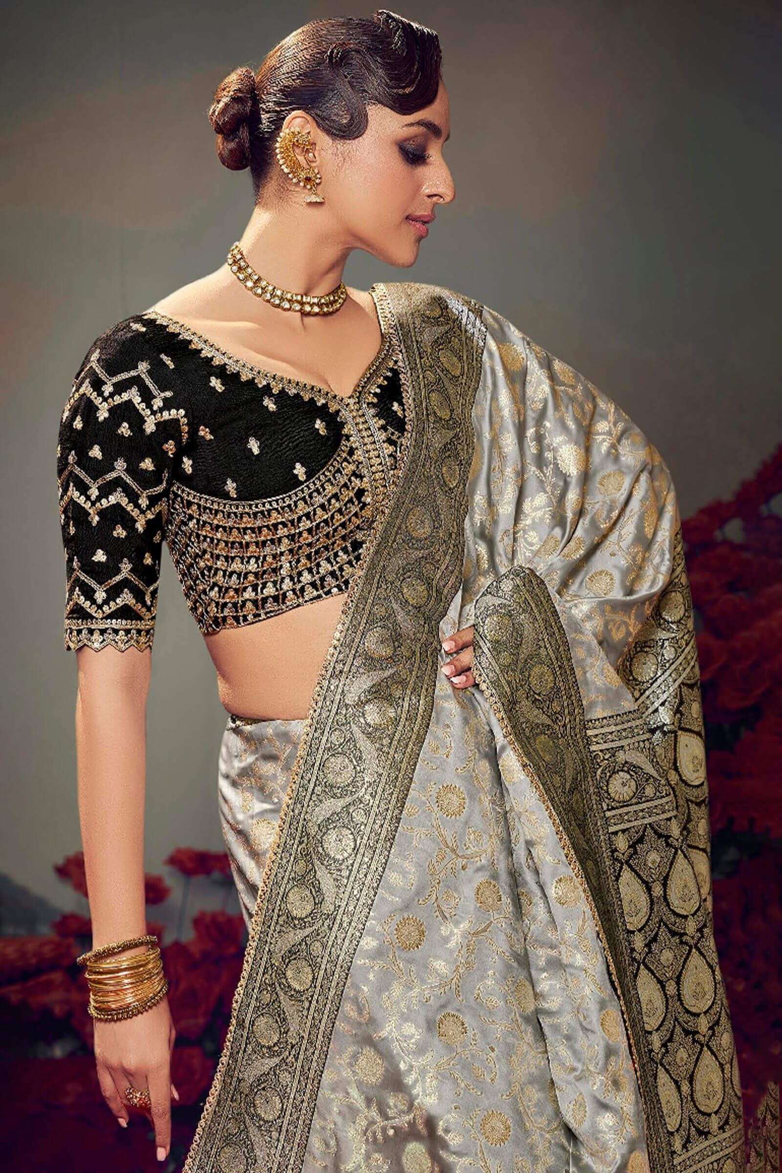 Gorgeous Grey Banarasi Satin Silk Saree With Classy Blouse Piece - Image 2