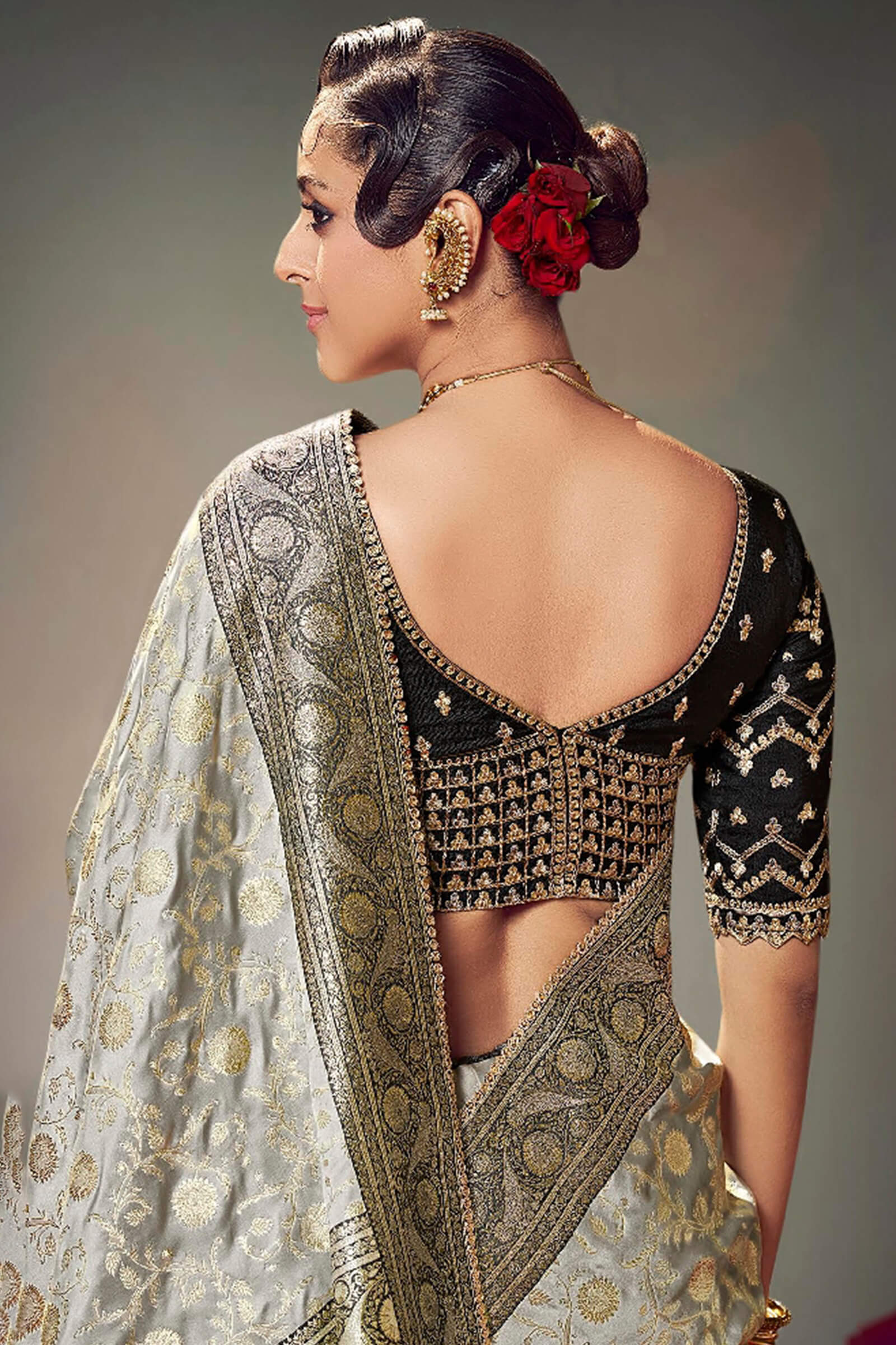 Gorgeous Grey Banarasi Satin Silk Saree With Classy Blouse Piece - Image 3