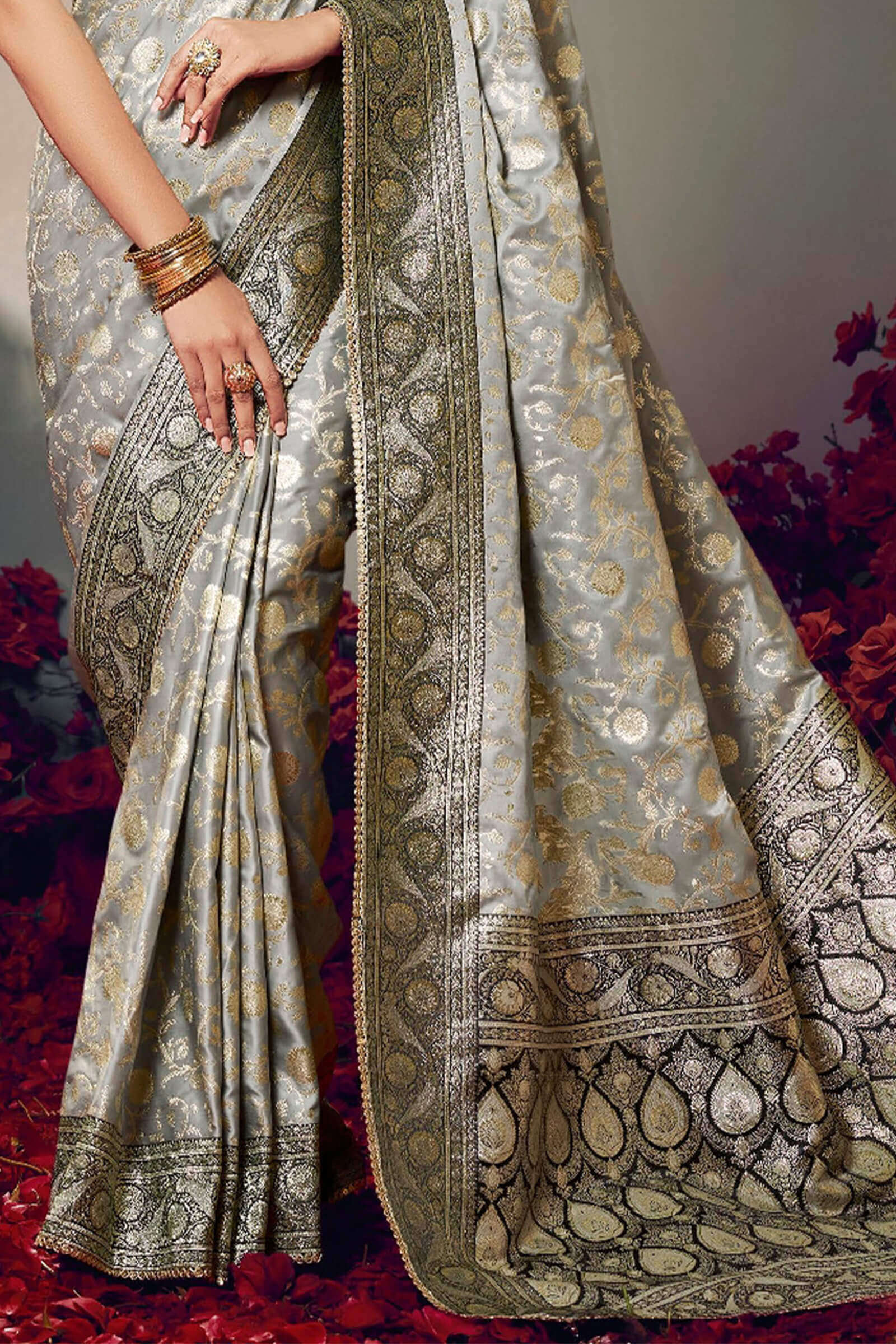 Gorgeous Grey Banarasi Satin Silk Saree With Classy Blouse Piece - Image 4