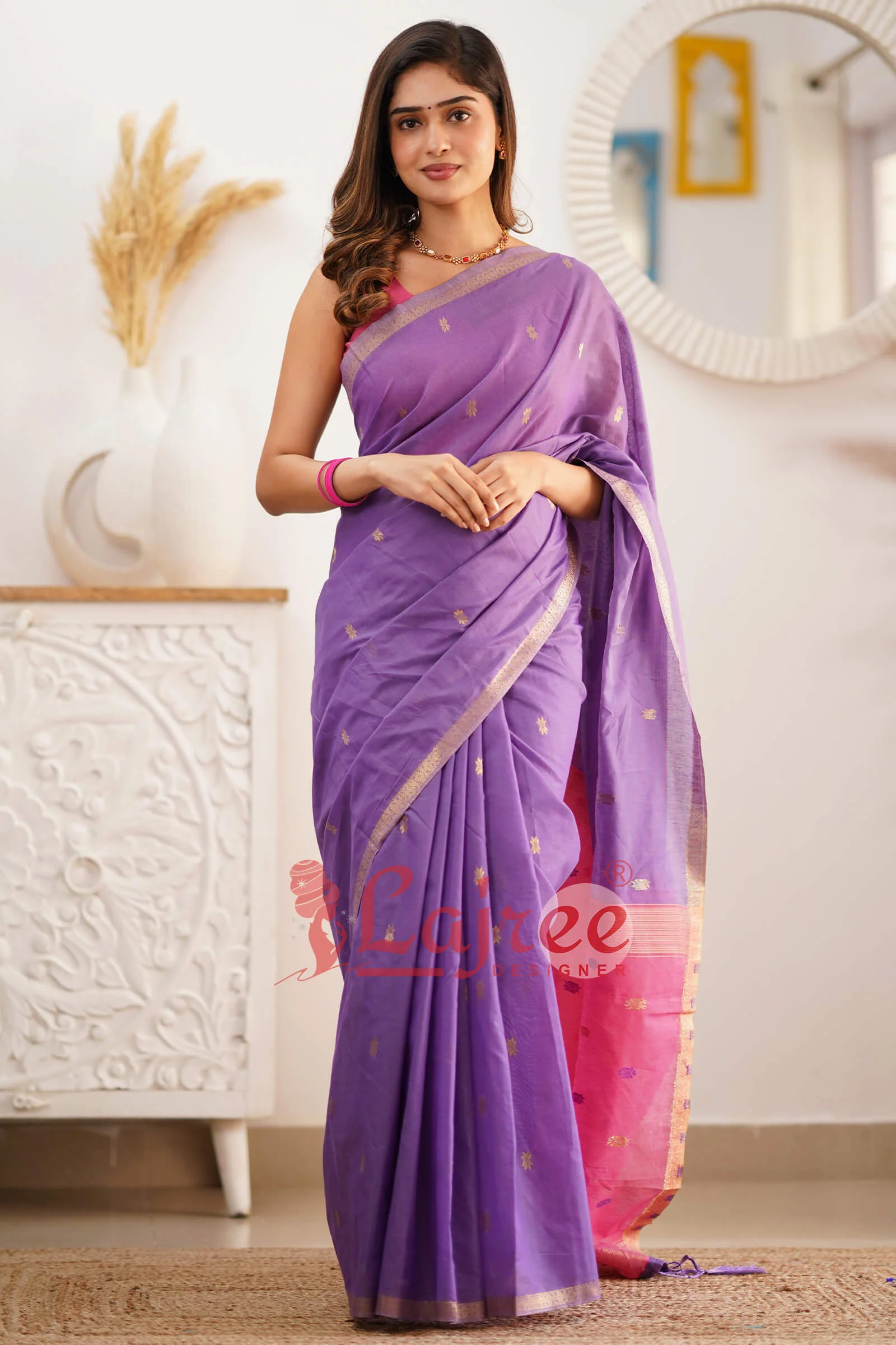 Gorgeous Lavender Cotton Silk Saree With Sizzling Blouse Piece - Image 6