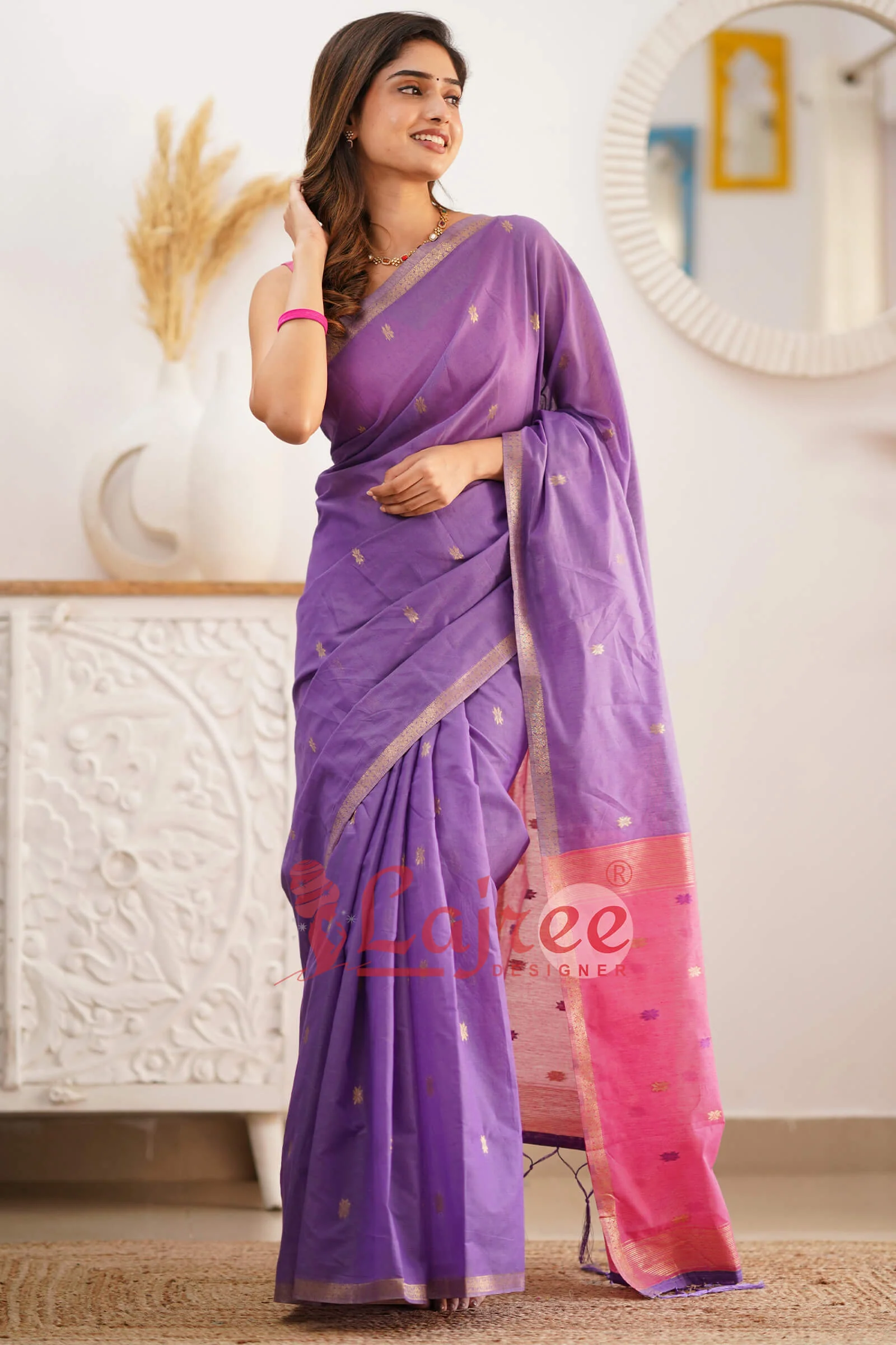 Gorgeous Lavender Cotton Silk Saree With Sizzling Blouse Piece - Image 7
